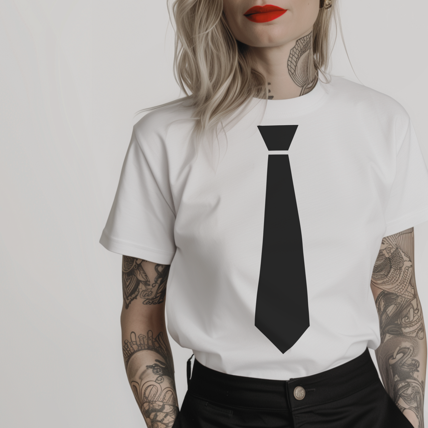 black fake tie (faux tie) printed on a white tshirt