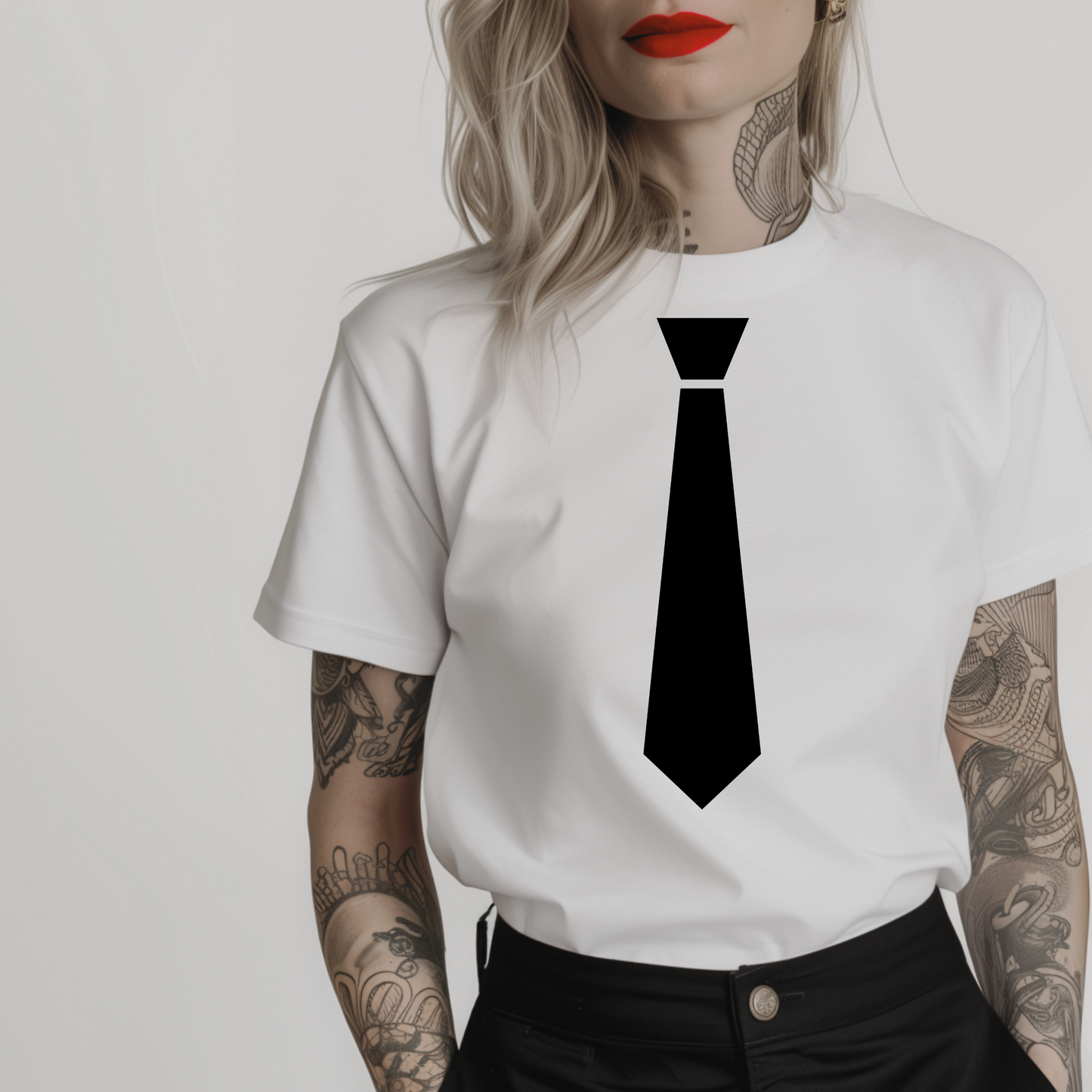 Women’s minimalist white t-shirt with a black fake neck tie in a simple design.