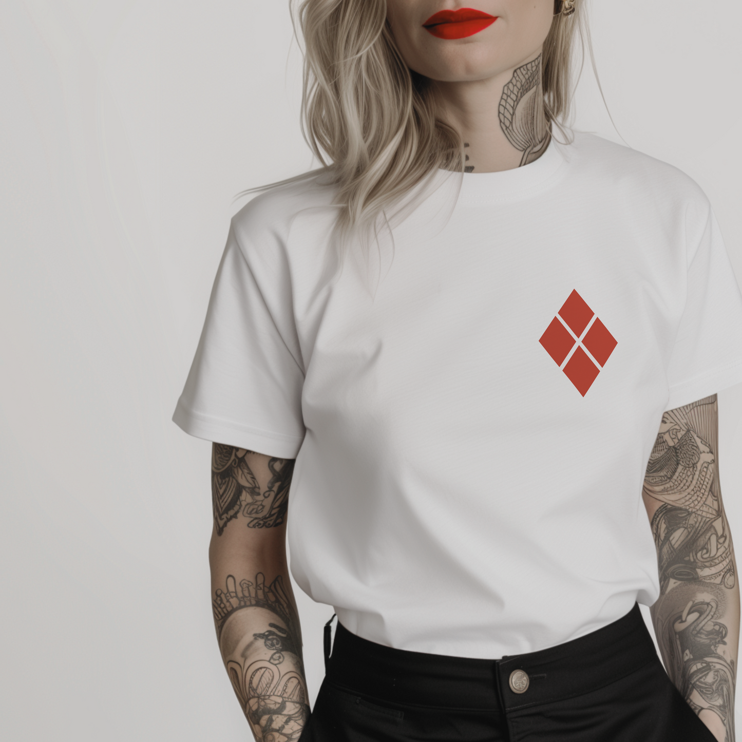 white t-shirt with a pocket-sized red diamond symbol