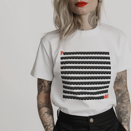 Women’s minimalist t-shirt with the quote 'Fuck!' in a simple design and white color.
