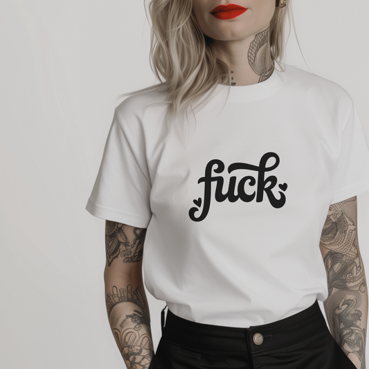 combed cotton minimalist shirt for women in grunge style with a vintage decorative black text "fuck" and two small black hearts