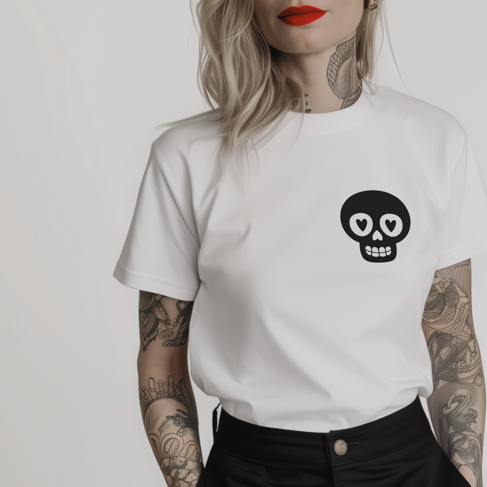 a white t-shirt with a pocket-sized black smiling skull design