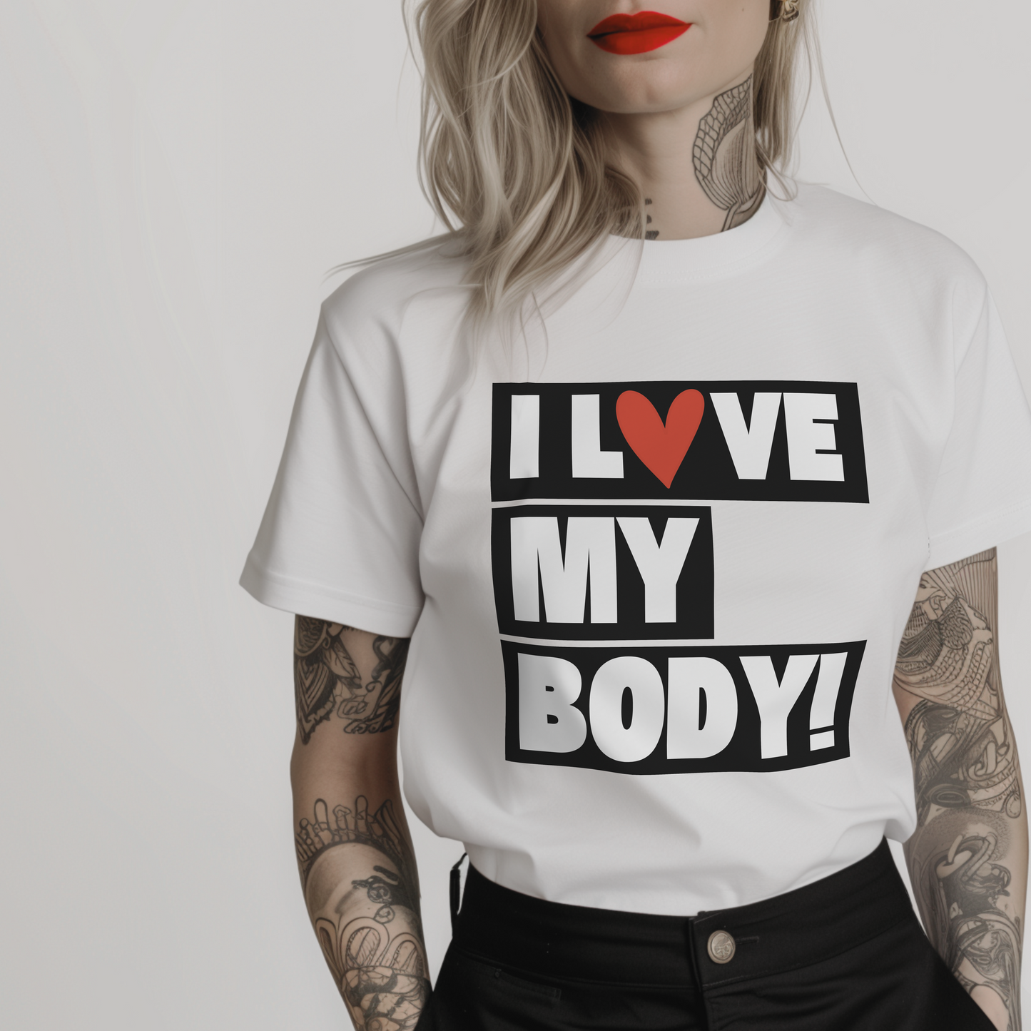 Women’s minimalist t-shirt with the quote 'I love my body!' in a simple design and white color.
