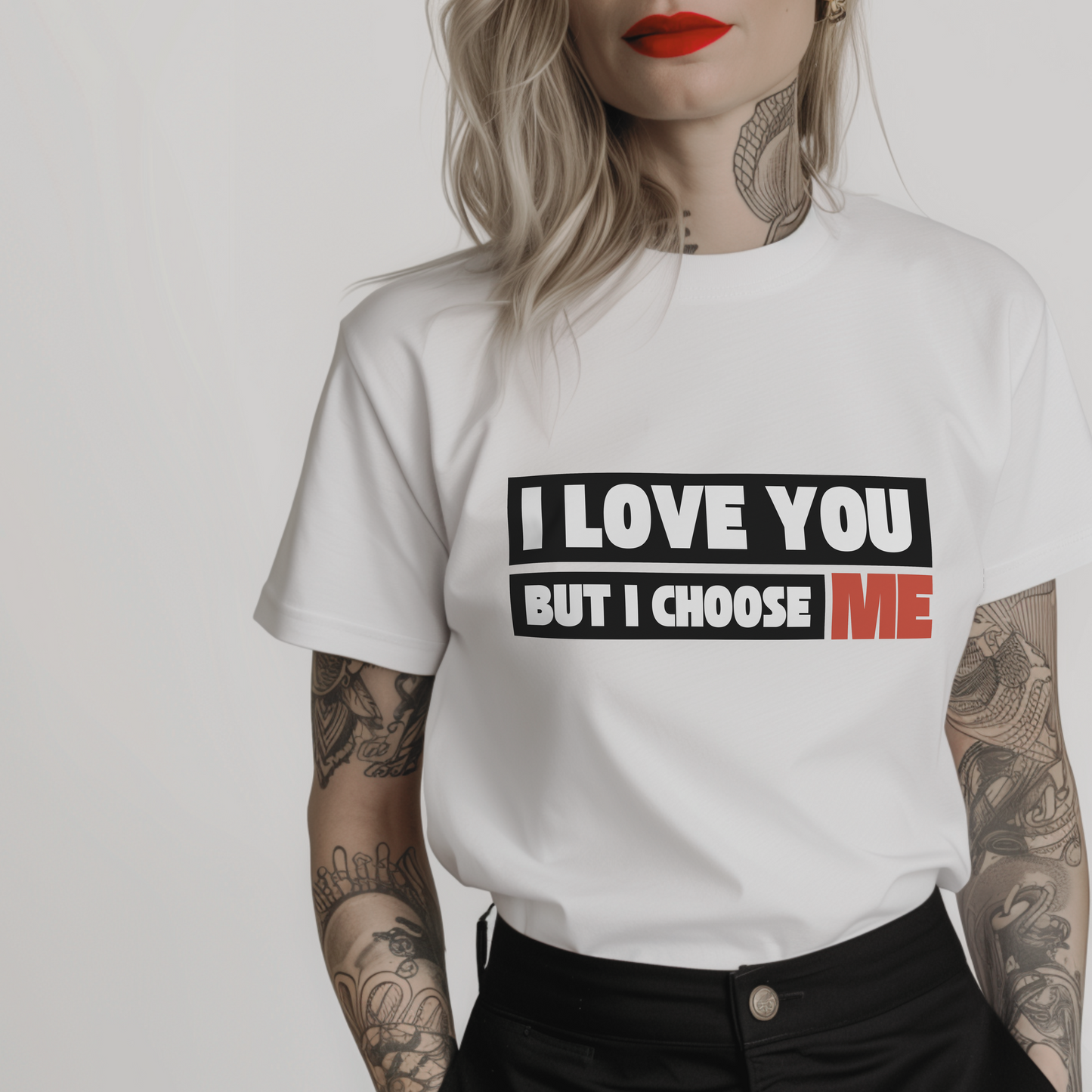 Women’s minimalist t-shirt with the quote 'I love you but I choose me' in a simple design and white color.