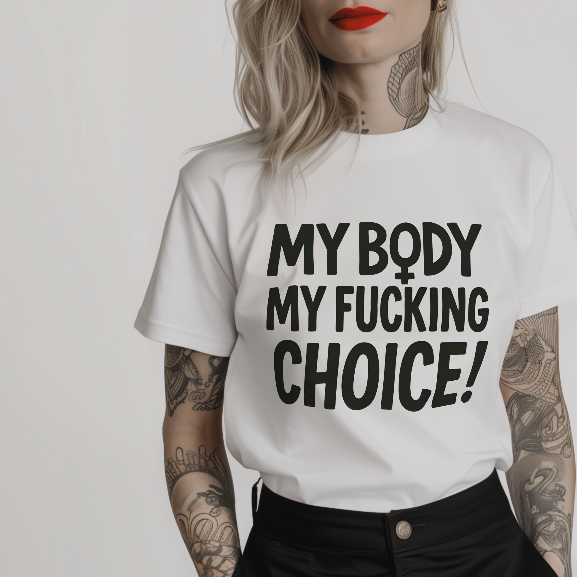 white pro-choice t-shirt for women with black text 'MY BODY MY FUCKING CHOICE!'