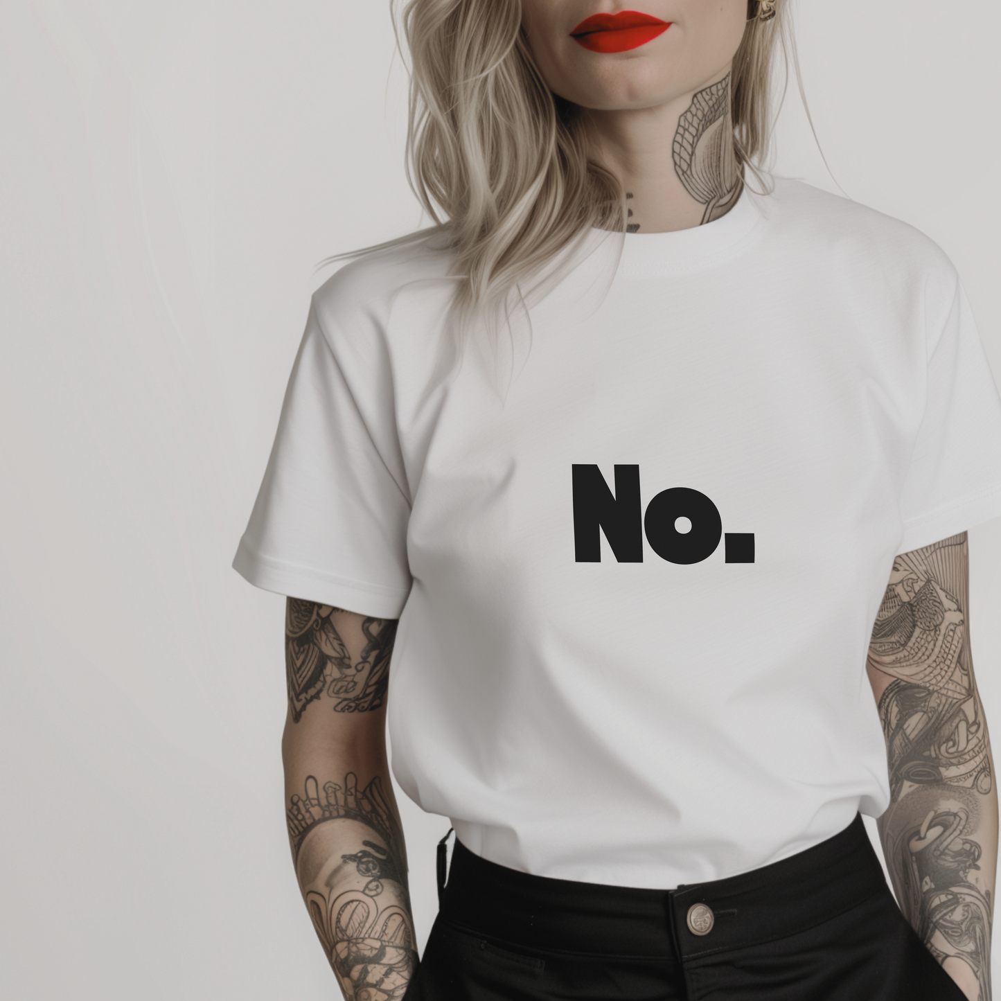 Women’s minimalist t-shirt with the quote 'No.' in a simple design and white color.
