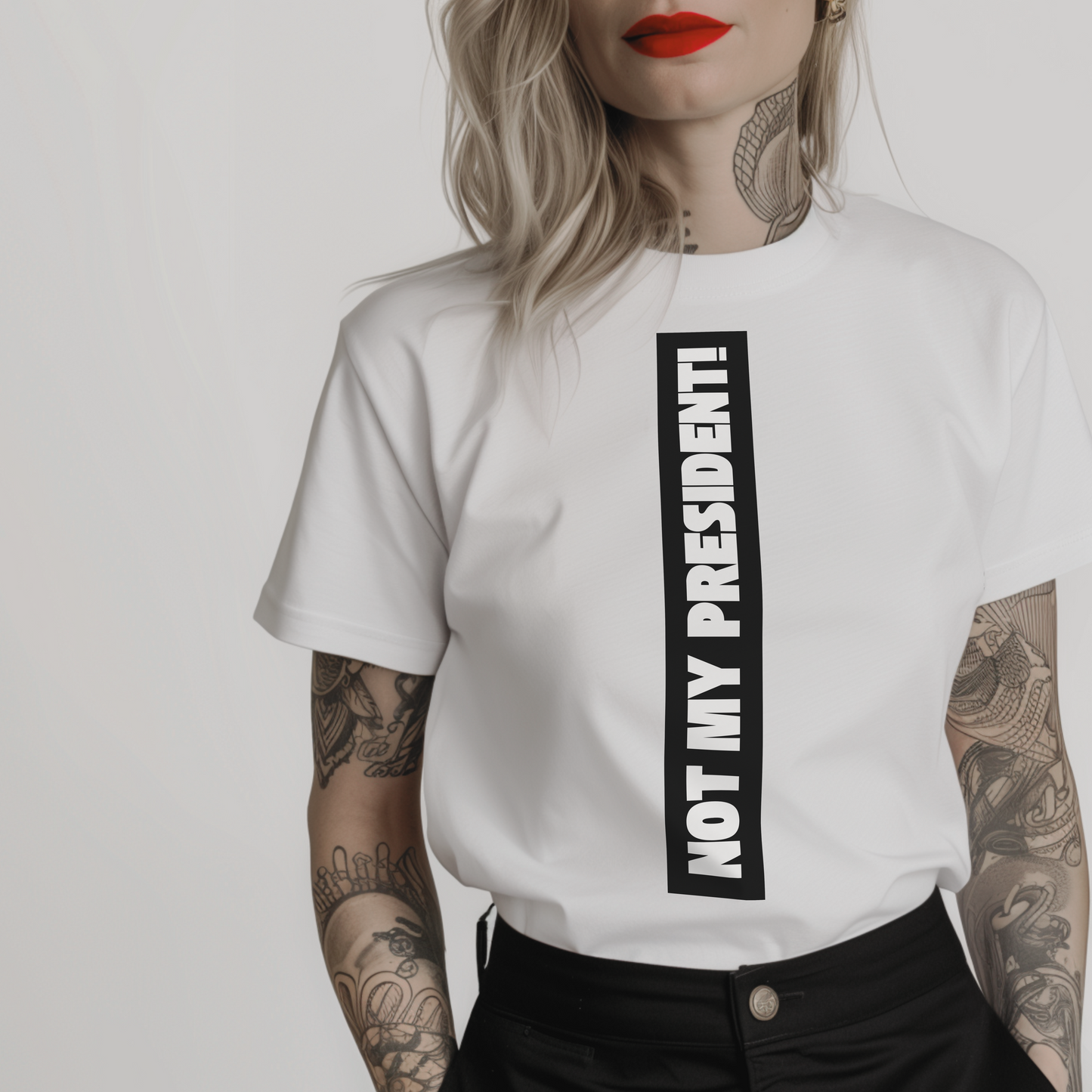 Women’s minimalist t-shirt with the anti trump quote 'NOT MY PRESIDENT!' in a simple design and white color.