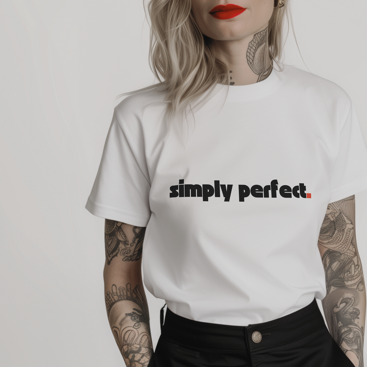 Women’s minimalist t-shirt with the quote 'simply perfect.' in a simple design and white color.