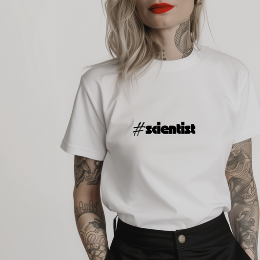 Women’s minimalist t-shirt with the hashtag #sceintist in a simple design and white color.