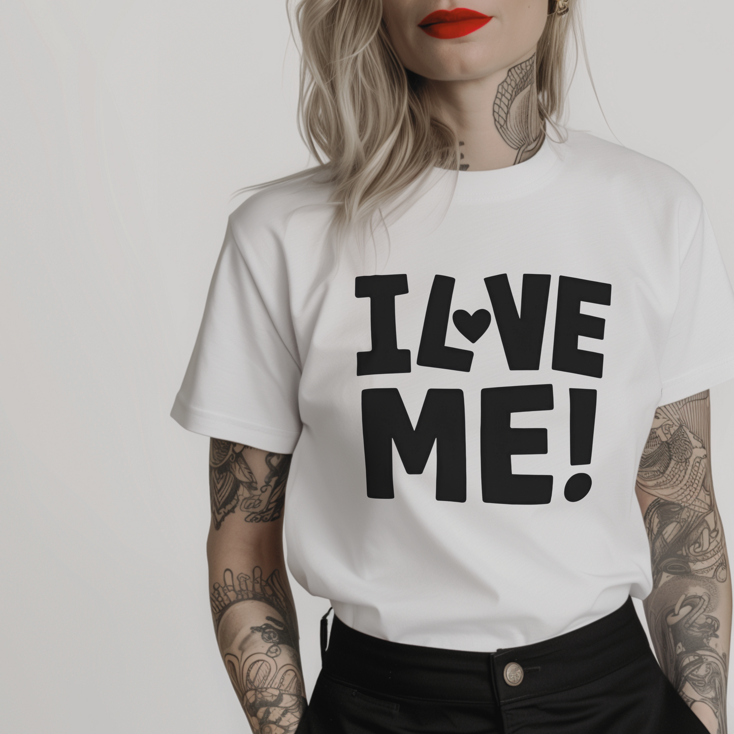 white tshirt for women featuring the bold text "I love me!"