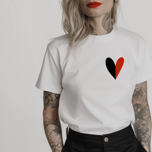 Women’s minimalist t-shirt with the half red half black pocket-sized heart in a simple design and white color.