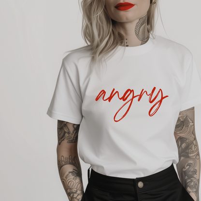 Women’s minimalist t-shirt with the red word 'angry' in a simple design and white color.