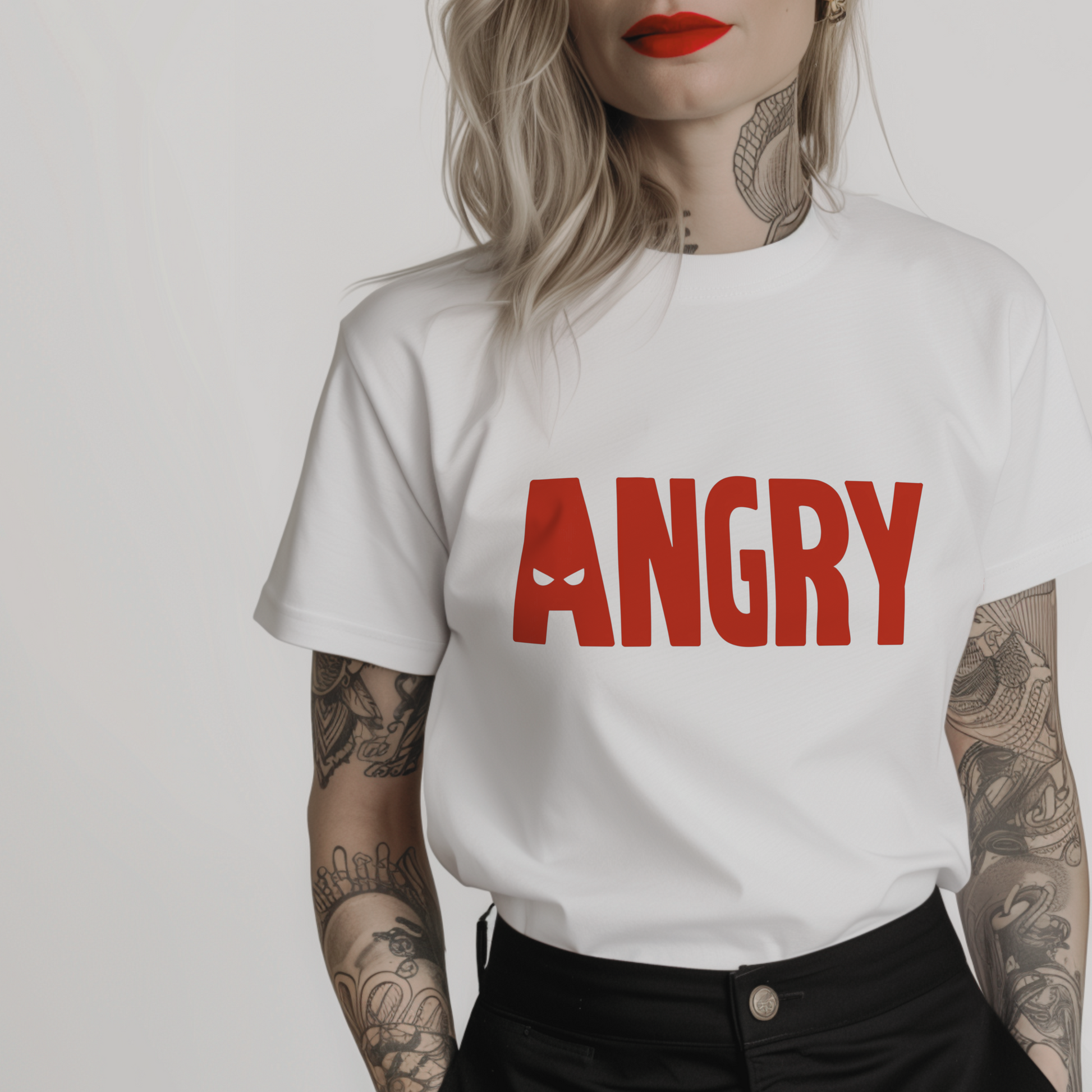 white tshirt with a bold front print featuring the word ANGRY in red