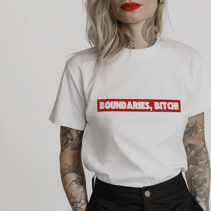 white tshirt featuring the text "boundaries, bitch!" in white font on red background