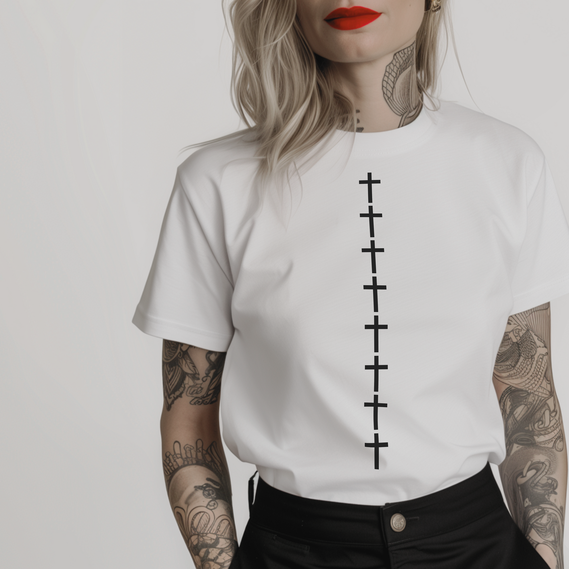 white shirt for women with a line of Christian crosses