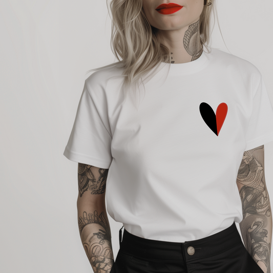 Women’s minimalist t-shirt with the half red half black pocket-sized heart in a simple design and white color.