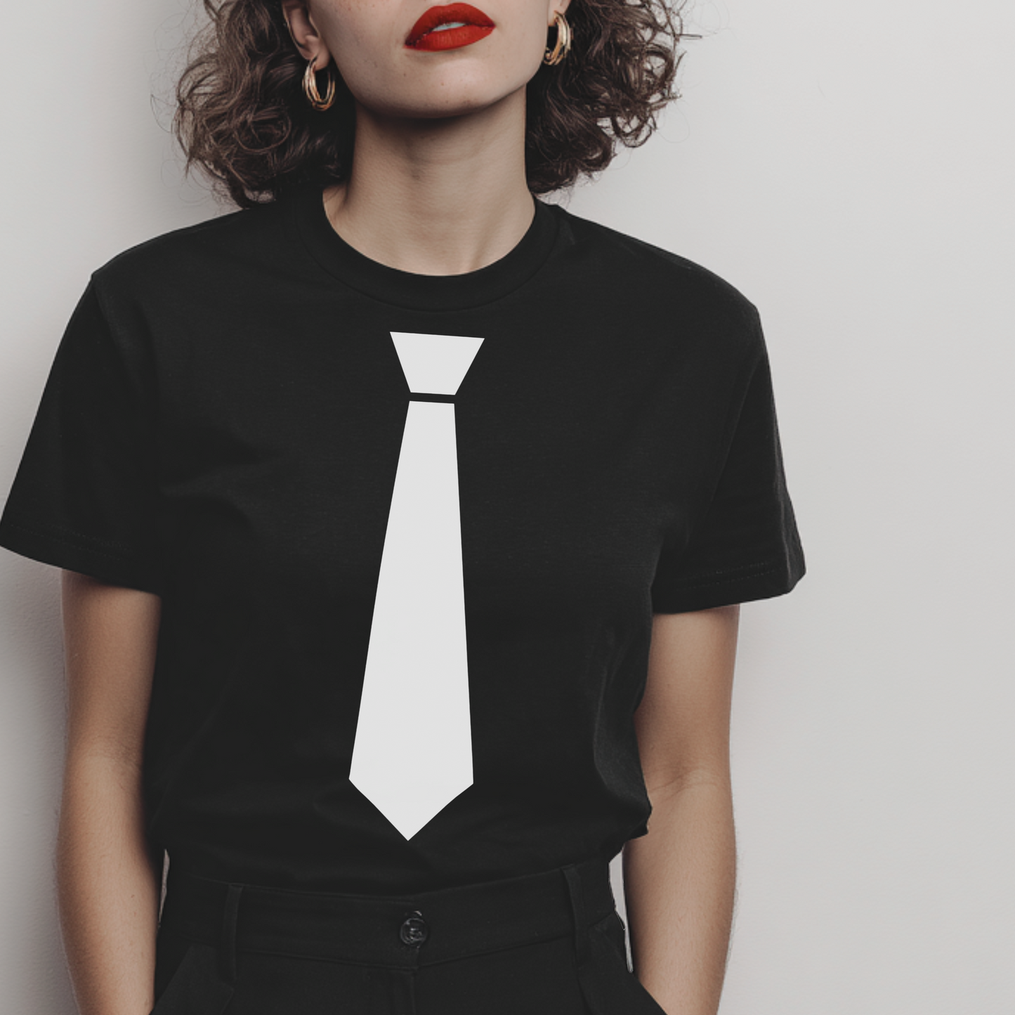 black t-shirt with a white neck tie graphic