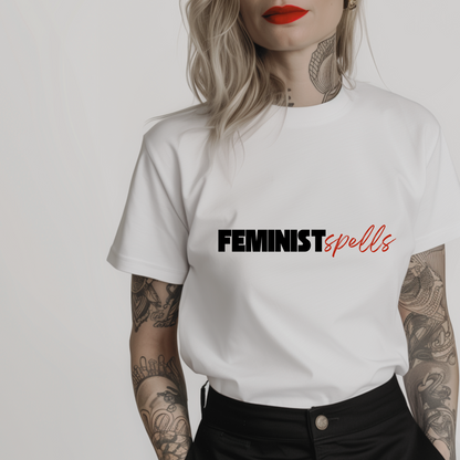 Women’s minimalist t-shirt with the quote 'FEMINIST spells' in a simple design and white color.