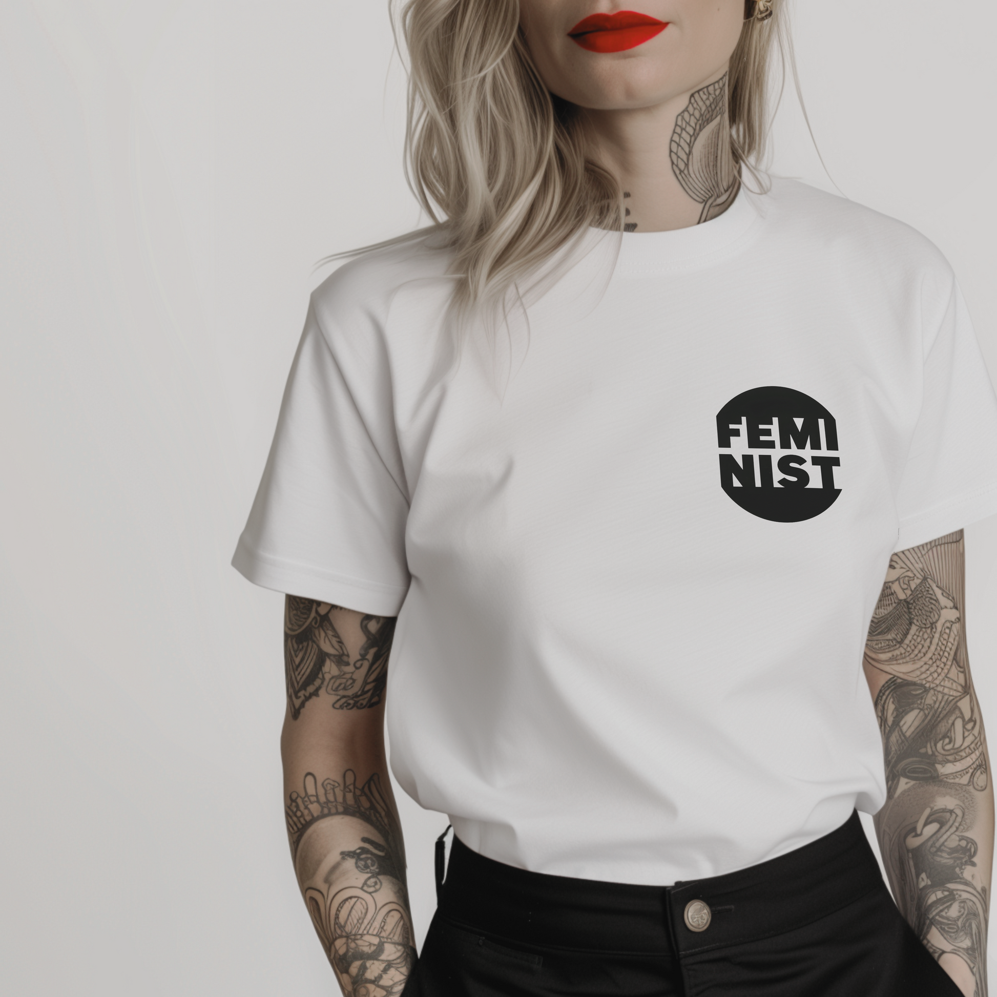 a white t-shirt with 'FEMINIST' pocket graphic printed on it 