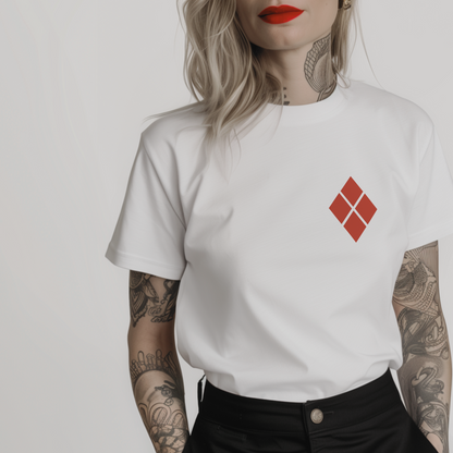 white t-shirt with a pocket-sized red diamond symbol