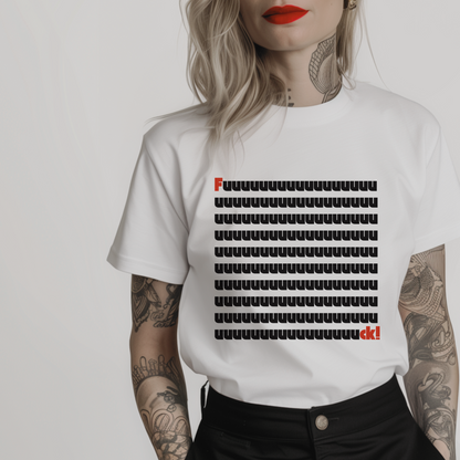 Women’s minimalist t-shirt with the quote 'Fuck!' in a simple design and white color.