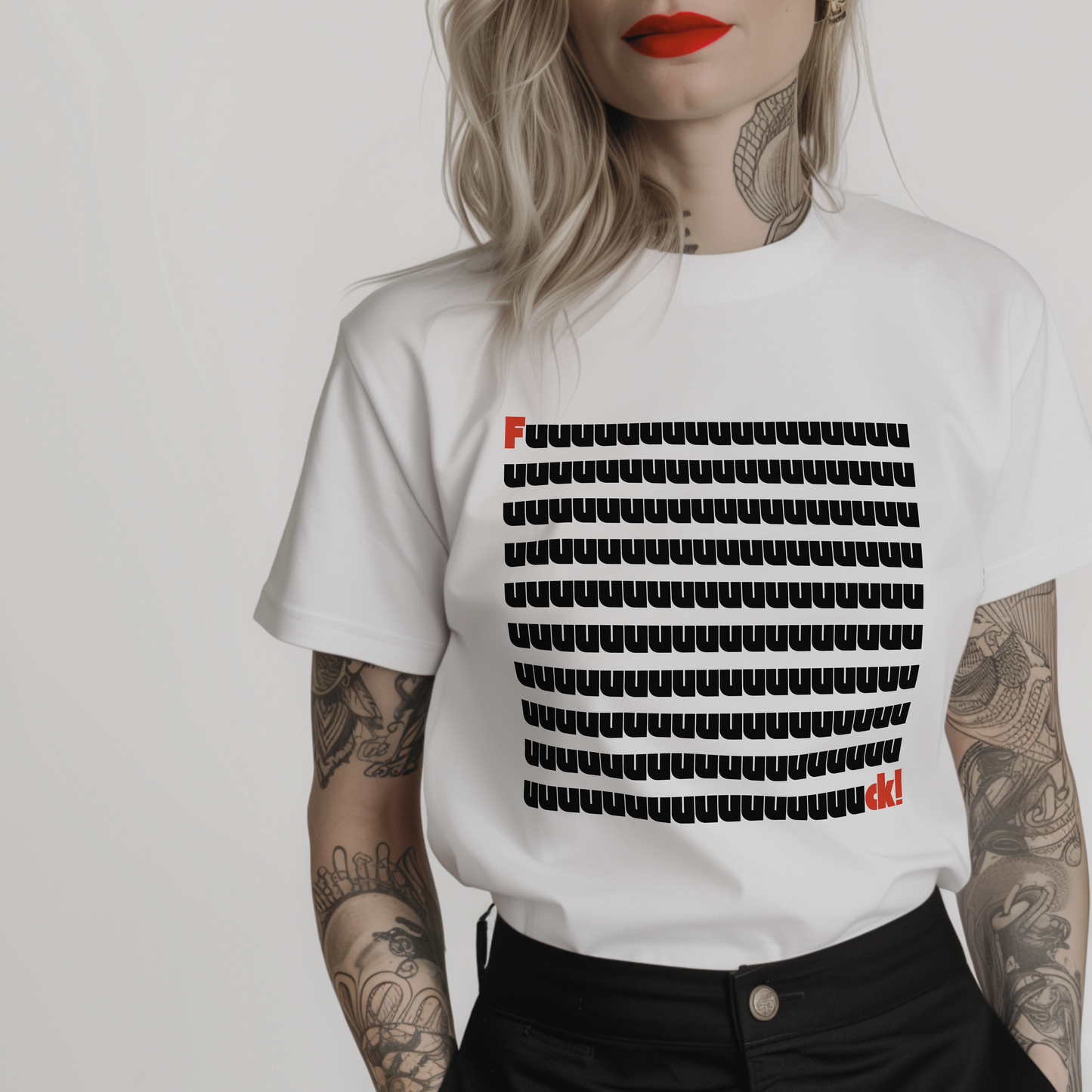 white t-shirt with black and red text "fuck!"
