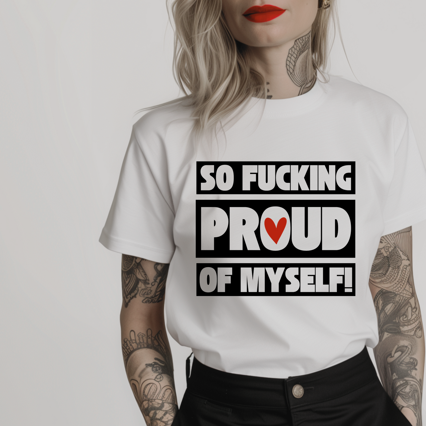 Women’s minimalist t-shirt with the quote 'So fucking proud of myself.' in a simple design and white color.