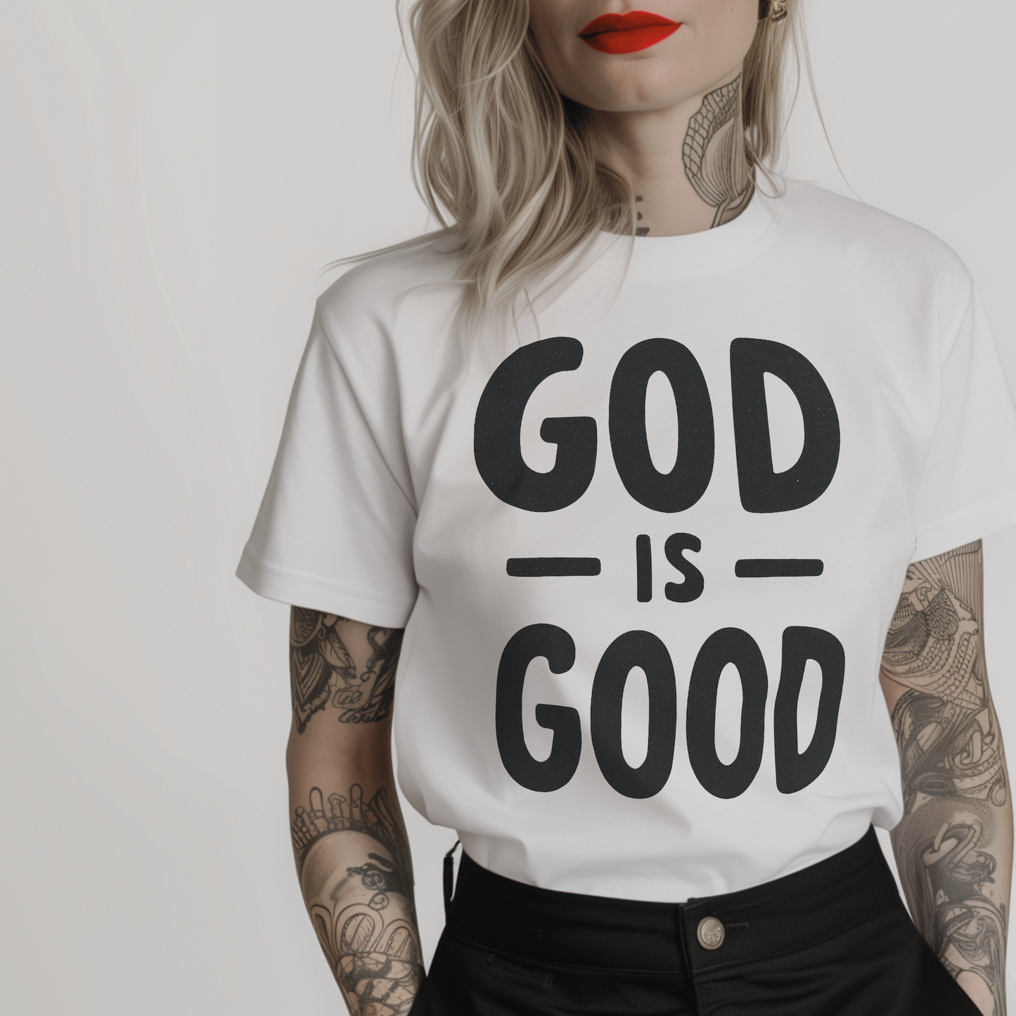 a white spiritual t-shirt with 'GOD IS GOOD' in bold black font on white