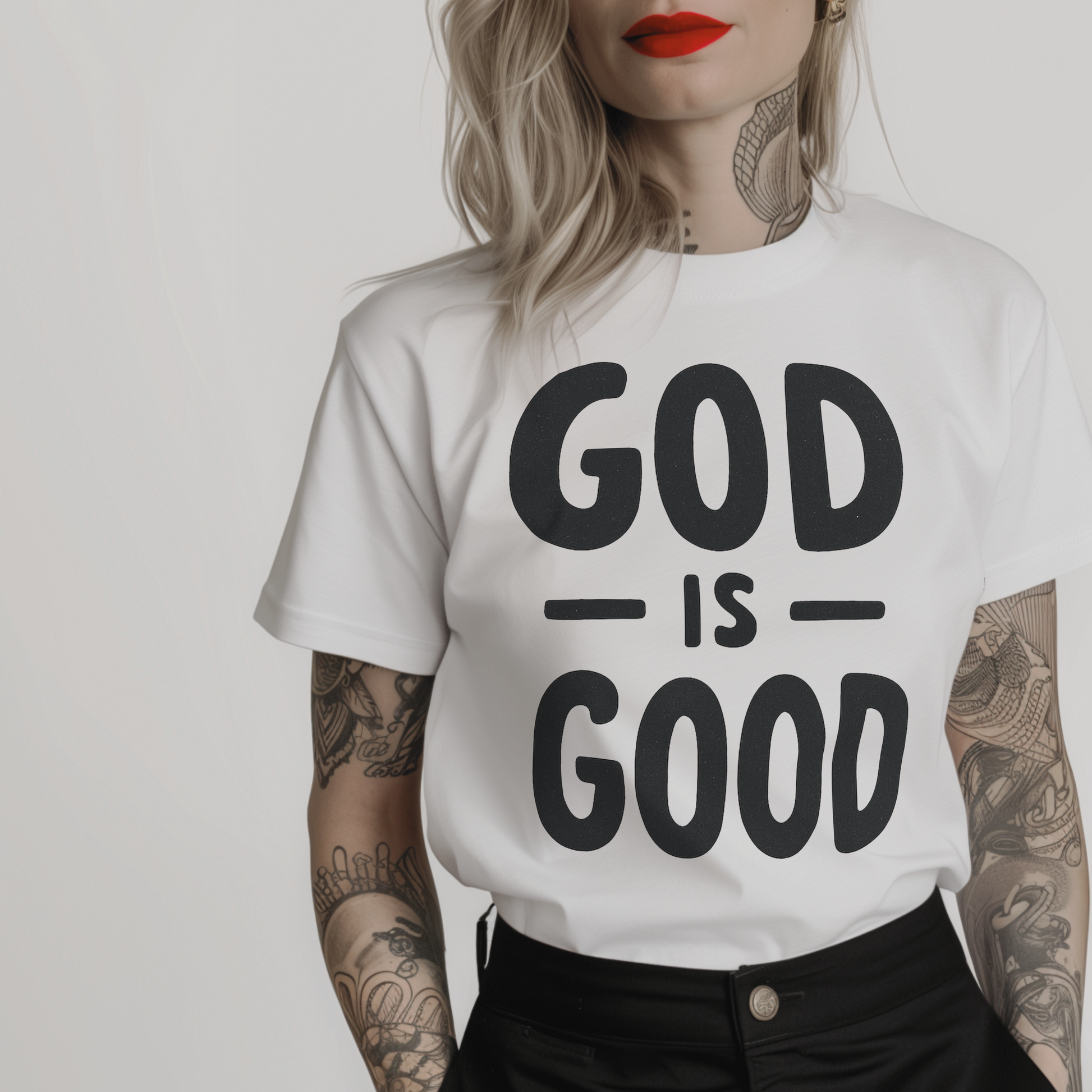 a white spiritual t-shirt with 'GOD IS GOOD' in bold black font on white