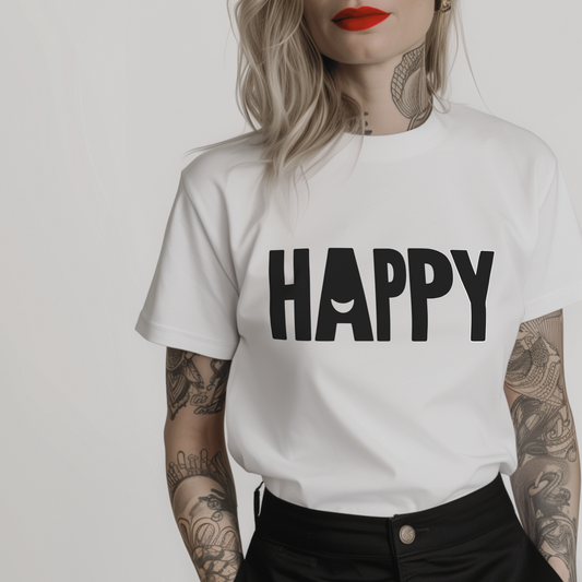 a white t-shirt for women with a positive message 'HAPPY' 