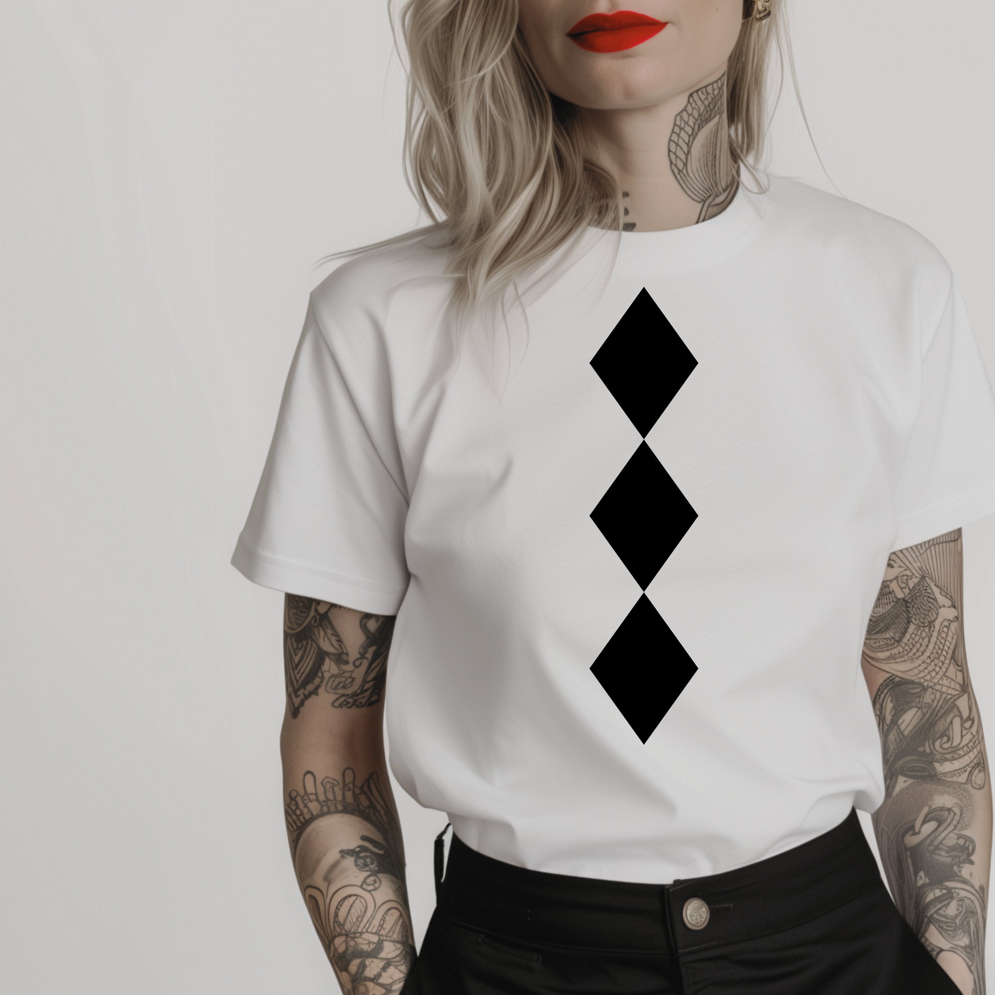 Women’s minimalist t-shirt with black and white harlequin pattern in a simple design and white color.