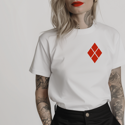 Women’s minimalist t-shirt with the symbol of harelquin - 4 red diamonds - in a simple design and white color.