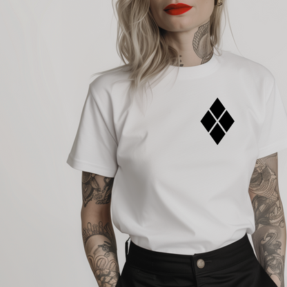 Women’s minimalist t-shirt with the symbol of harlequin - 4 black diamonds - in a simple design and white color.