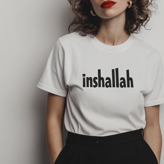 white tshirt featuring the Arabic word inshallah in bold black font