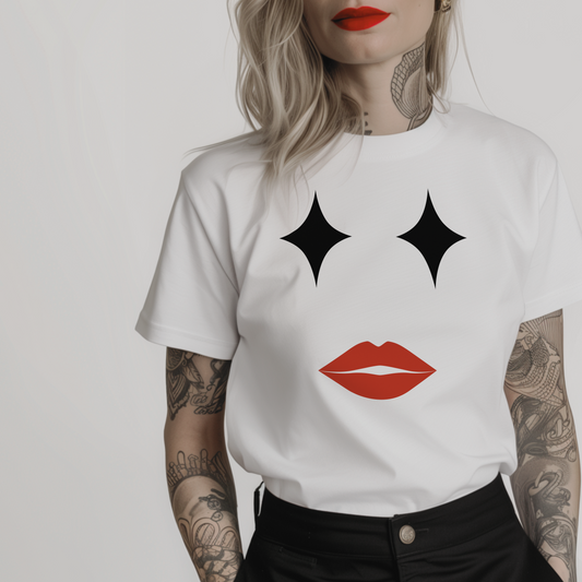 white tshirt with a minimalist desing of a female joker