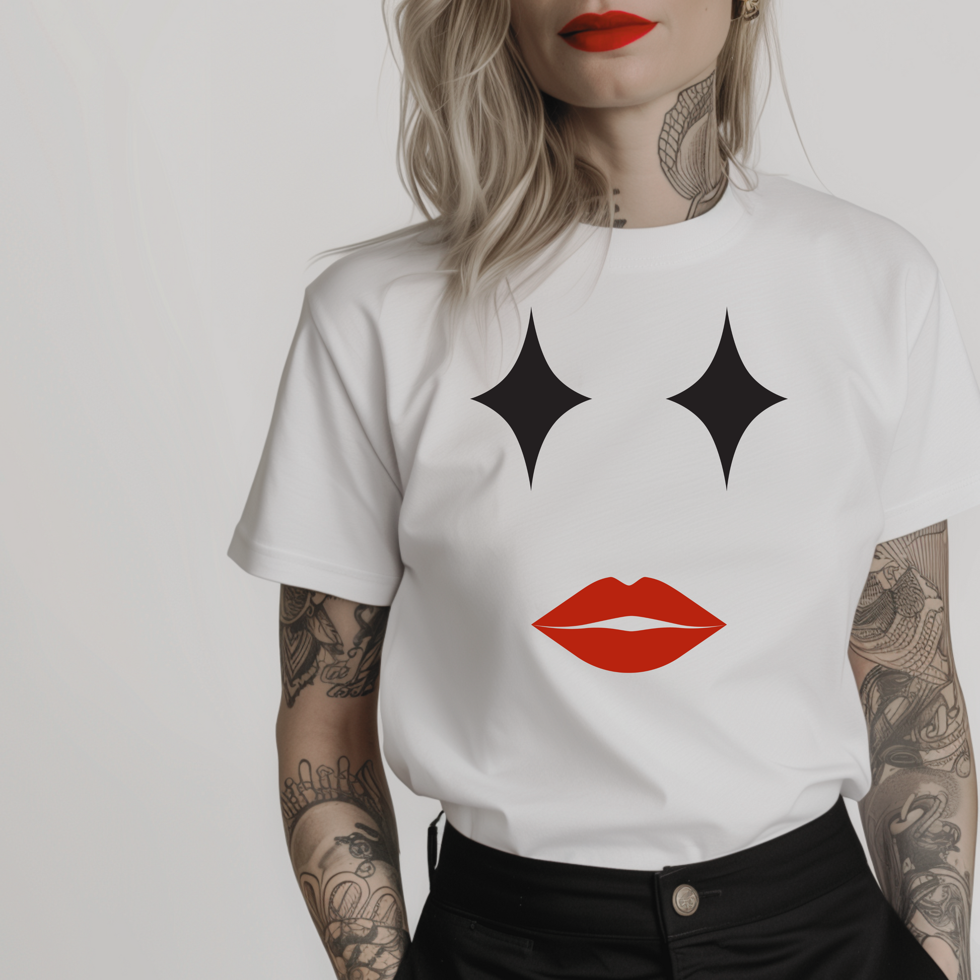 Women’s minimalist graphic t-shirt with the outlines of female Joker's face in a simple design and white color.