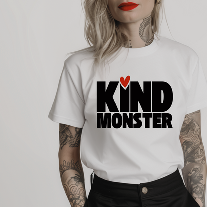 Women’s minimalist t-shirt with the quote 'KIND MONSTER' in a simple design and white color.