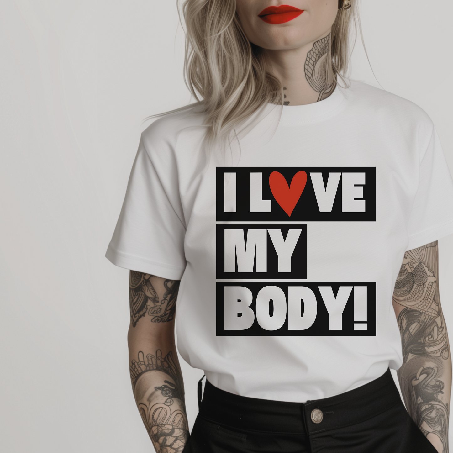 Women’s minimalist t-shirt with the quote 'I love my body!' in a simple design and white color.