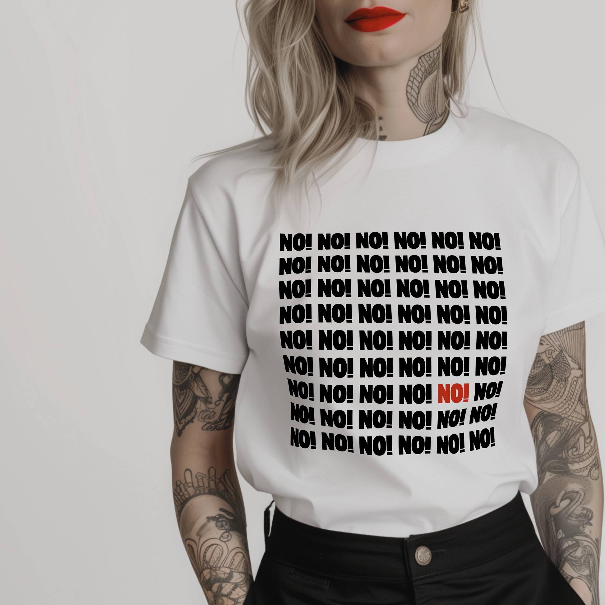 a minimalist design t-shirt with 'NO!' text pattern on a white background