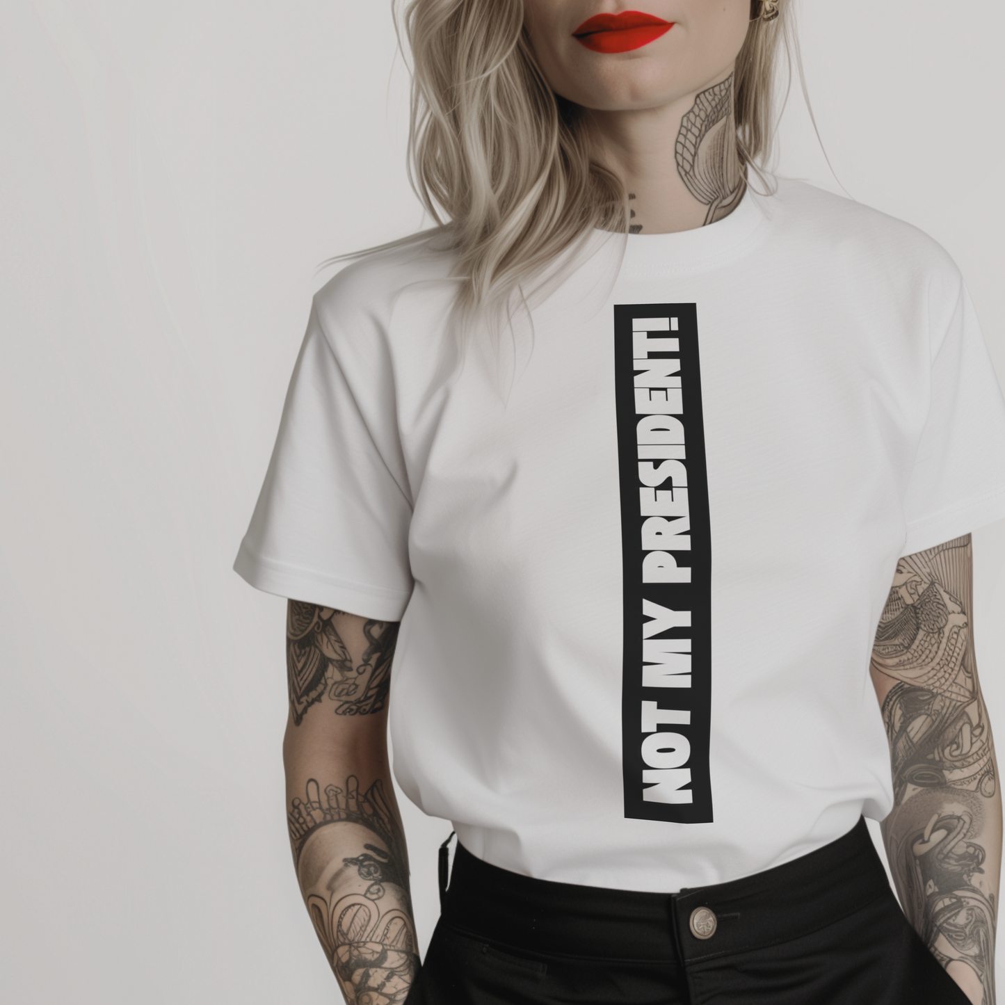 Women’s minimalist t-shirt with the anti trump quote 'NOT MY PRESIDENT!' in a simple design and white color.