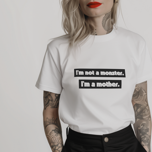 Women’s minimalist t-shirt with the quote '  I'm not a monster. I'm a mother.' in a simple design and white color.
