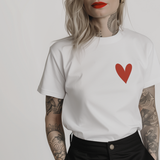 a white t-shirt with a pocket sized red heart 