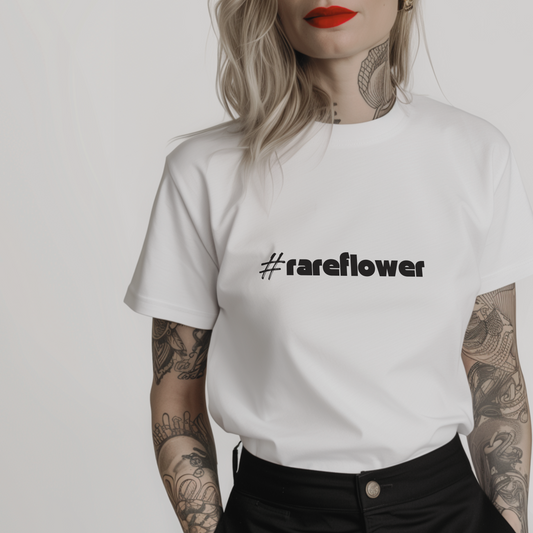 Women’s minimalist t-shirt with the hashtag #rareflower in a simple design and white color.