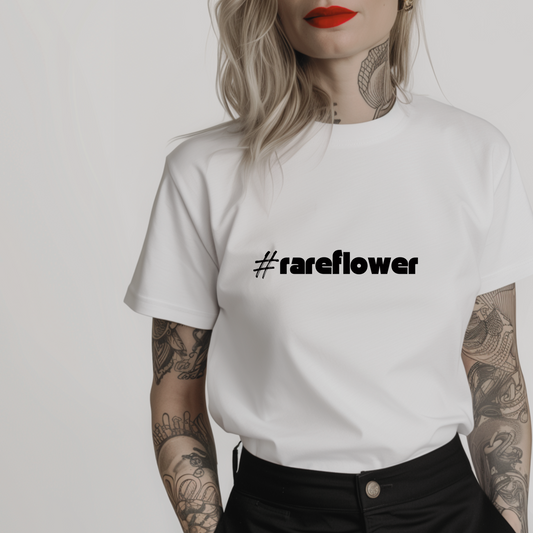 Minimalist white t-shirt for women featuring the hashtag #rareflower in a clean, simple design.