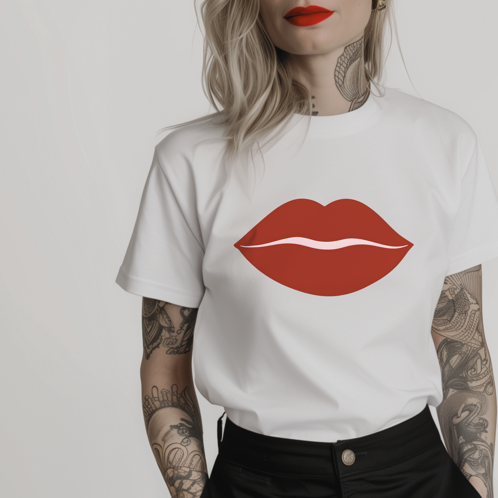 white tshirt for women with big red lips graphic in red and pink