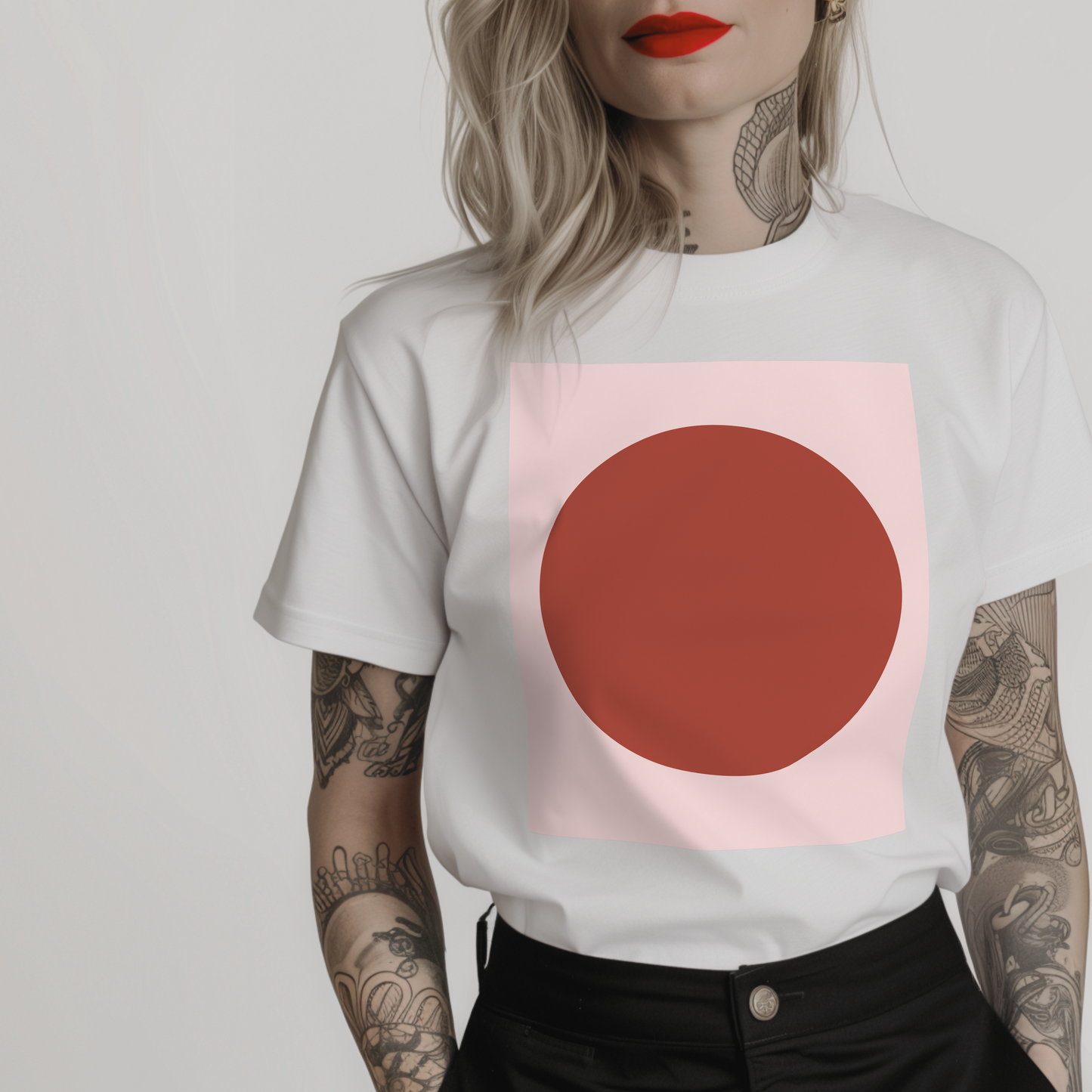 white abstract geometric shirt featuring a red circle inside a pink rectangle 