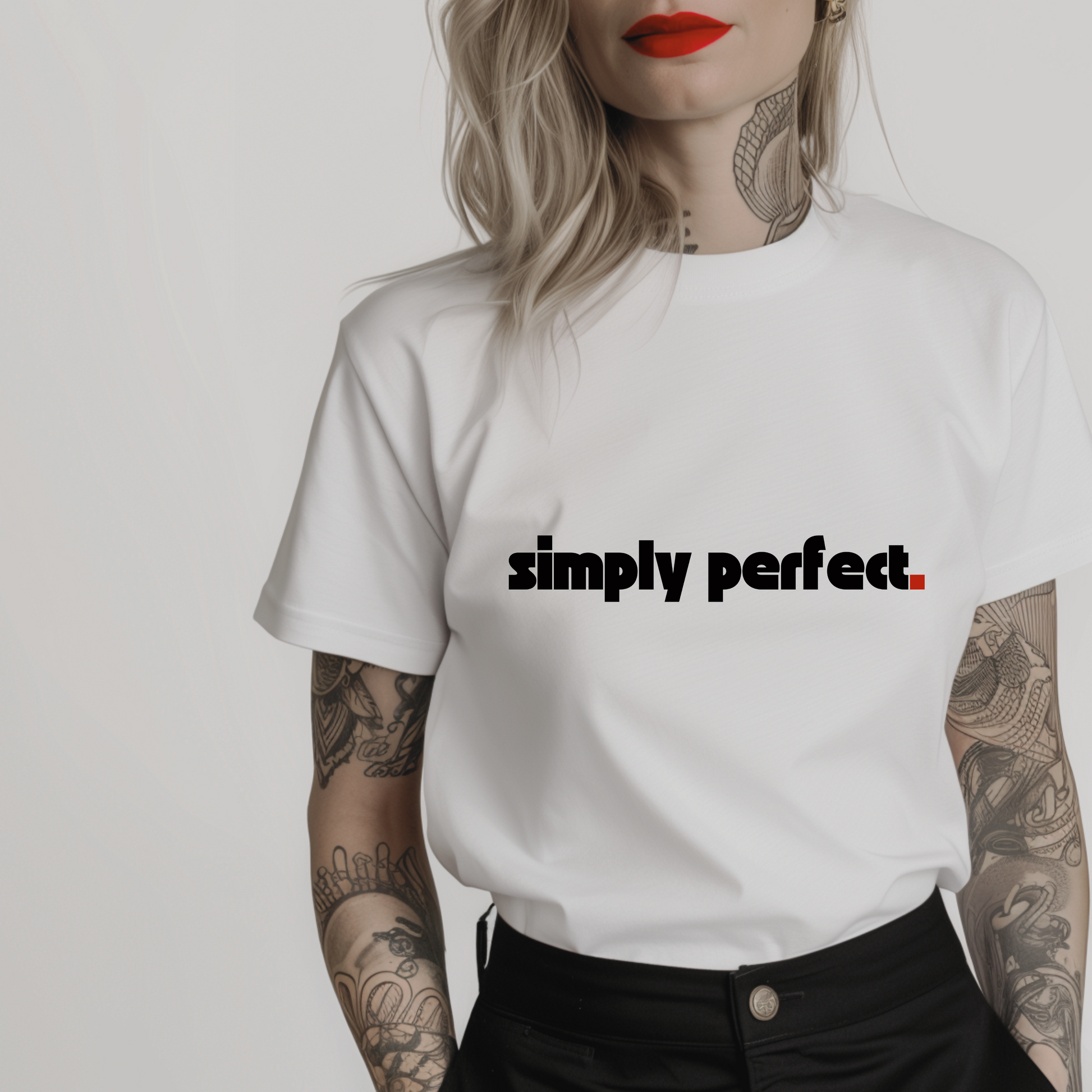 Women’s minimalist t-shirt with the quote 'simply perfect.' in a simple design and white color.