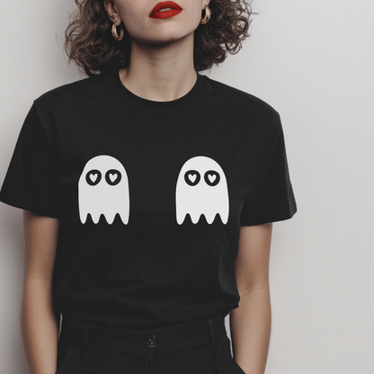 black tshirt featuirng two ghost boo-bies