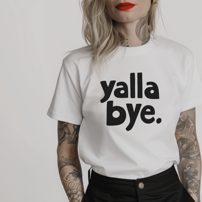 white minimalist t-shirt for women with arabic quote 'yalla bye.' 